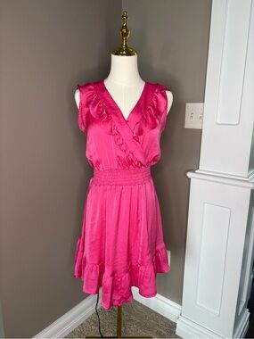 Francesca's Collections Hot Pink Ruffle V-Neck Mini Dress